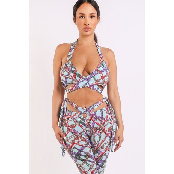 Boutique Pants - Printed Tie Detailed Halter Neck Front Ring Strap Cute Sexy Party Club Jumpsuit